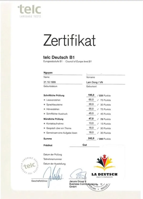 Học viên La Deutsch 07 học viên xuất sắc - 07 học viên đạt chứng chỉ Telc B1 đầu năm 2026