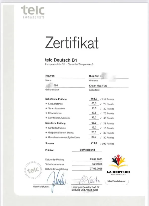 Học viên La Deutsch F4 hệ "anh chị" - 4 học viên đạt B1 - điều kiện định cư tại Đức